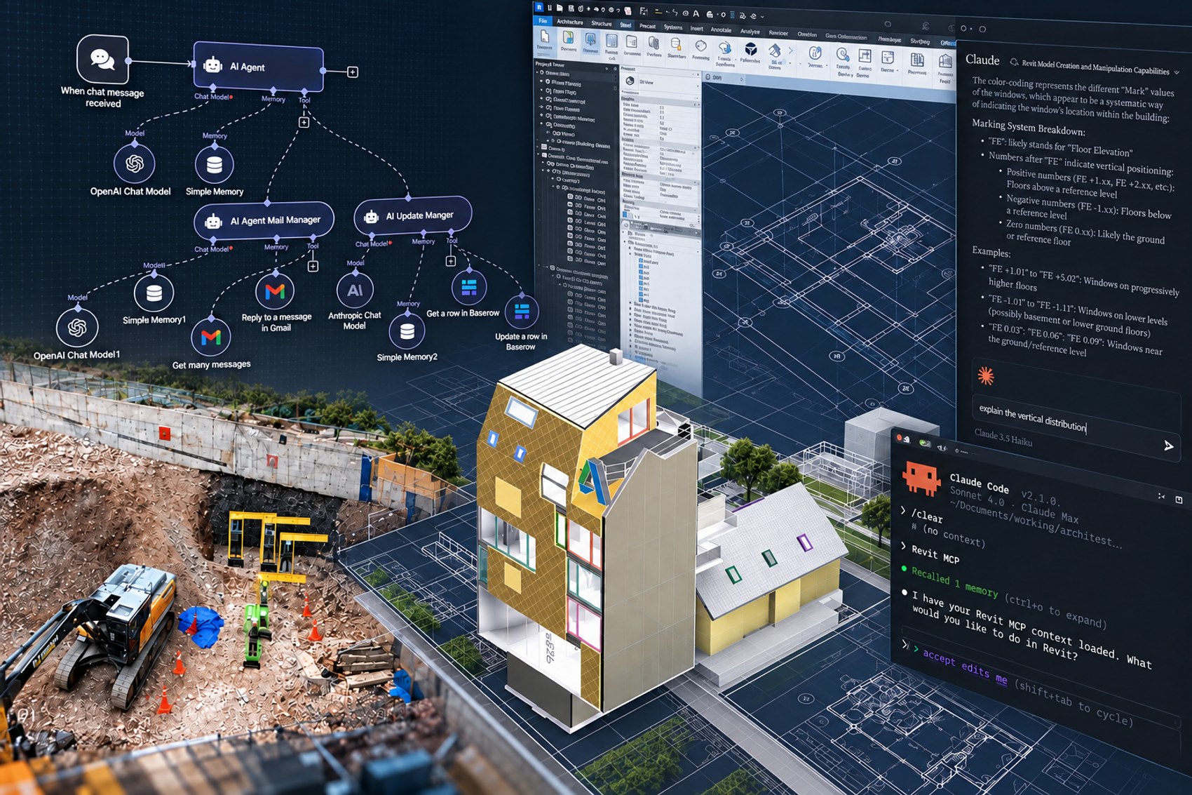 Flujo de IA, modelo BIM en Revit y obra en construcción
