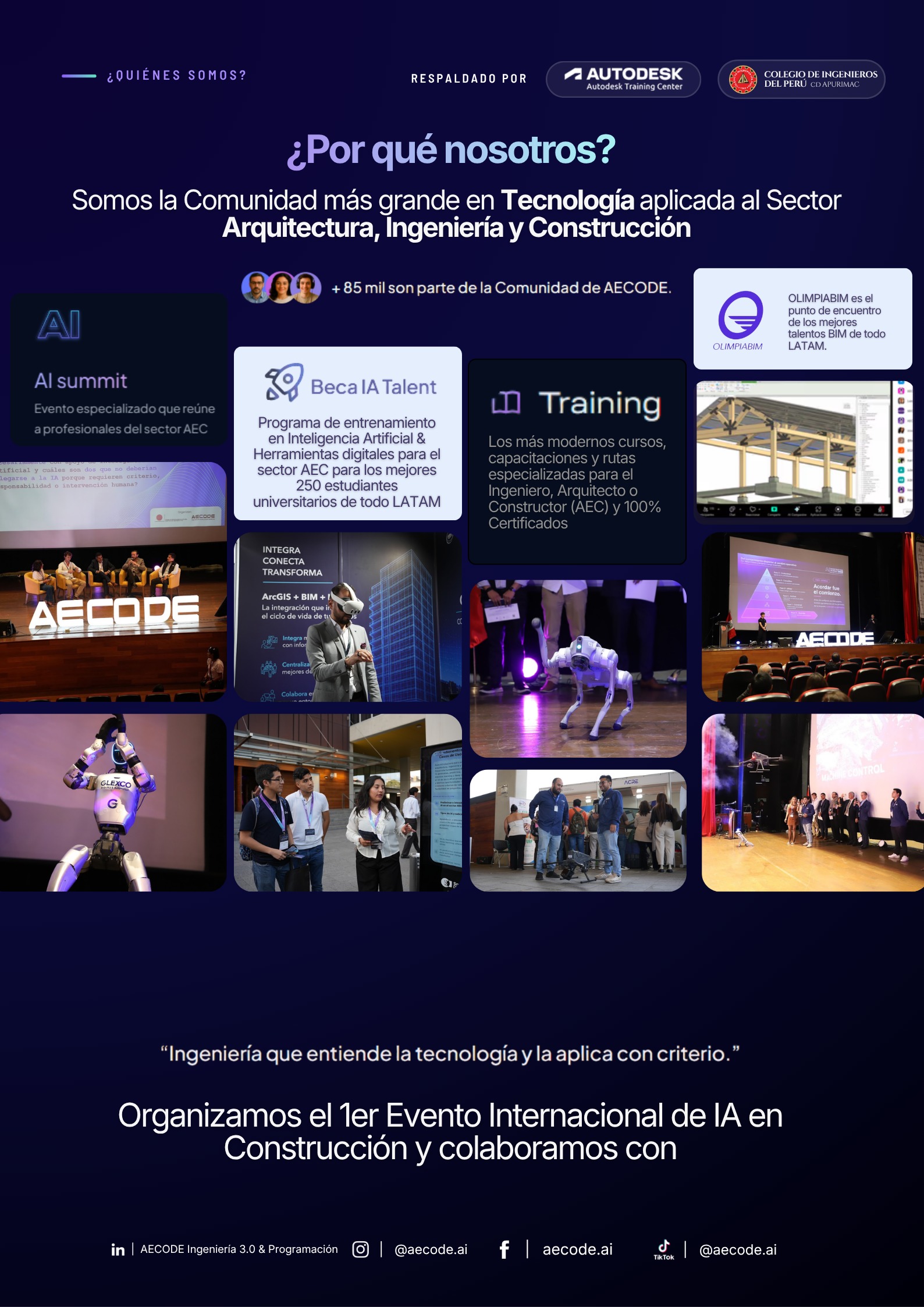 ¿Por qué nosotros? La comunidad más grande en tecnología aplicada al sector Arquitectura, Ingeniería y Construcción: AI Summit, Beca IA Talent, Training y OlimpiaBIM
