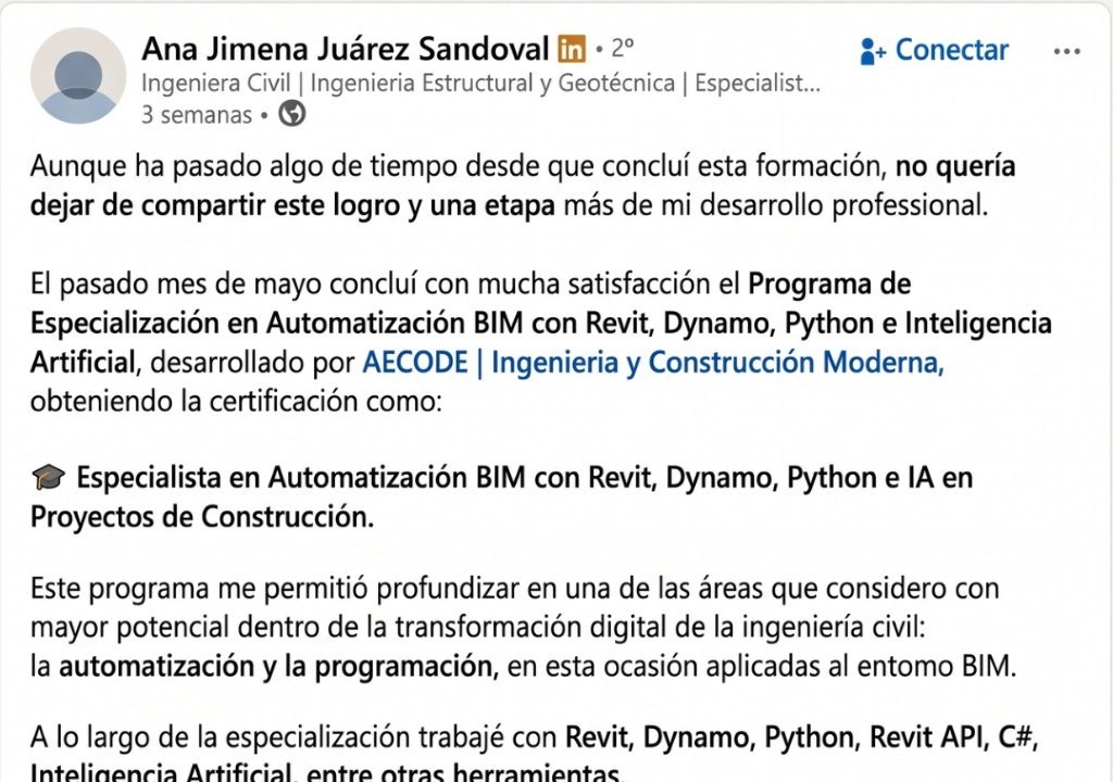 Publicación de LinkedIn de Ana Jimena Juárez sobre automatización BIM con IA