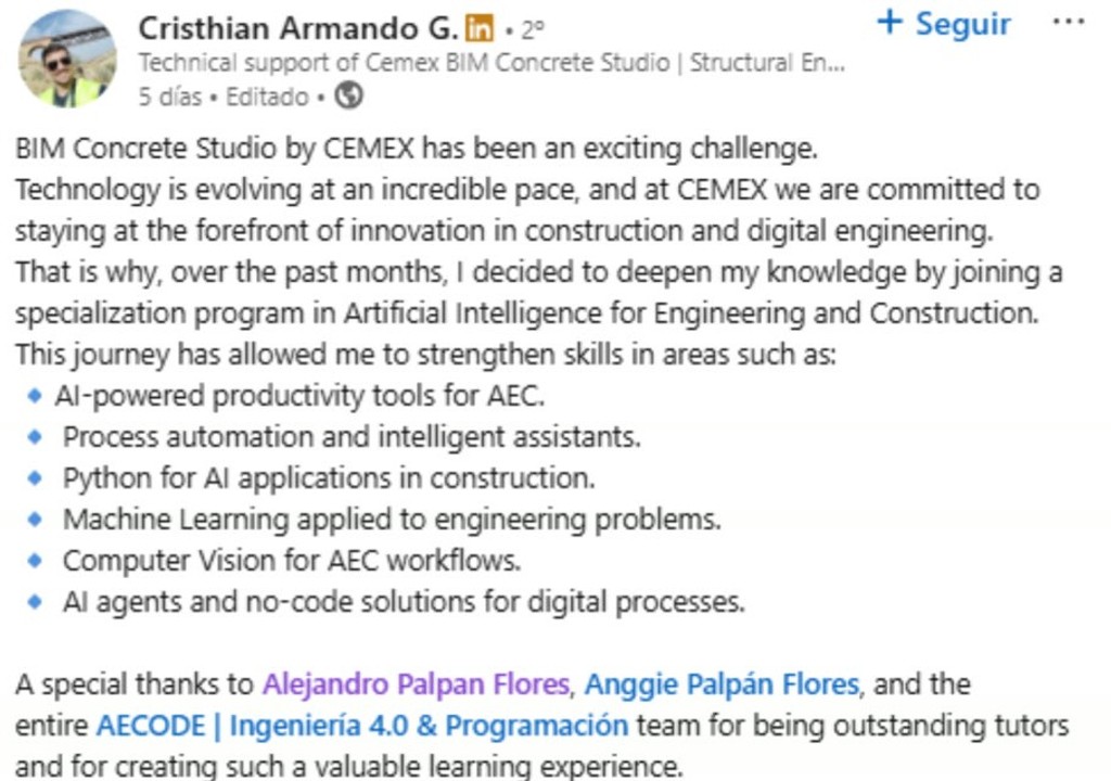 Publicación de LinkedIn de Cristhian Armando sobre la especialización en IA