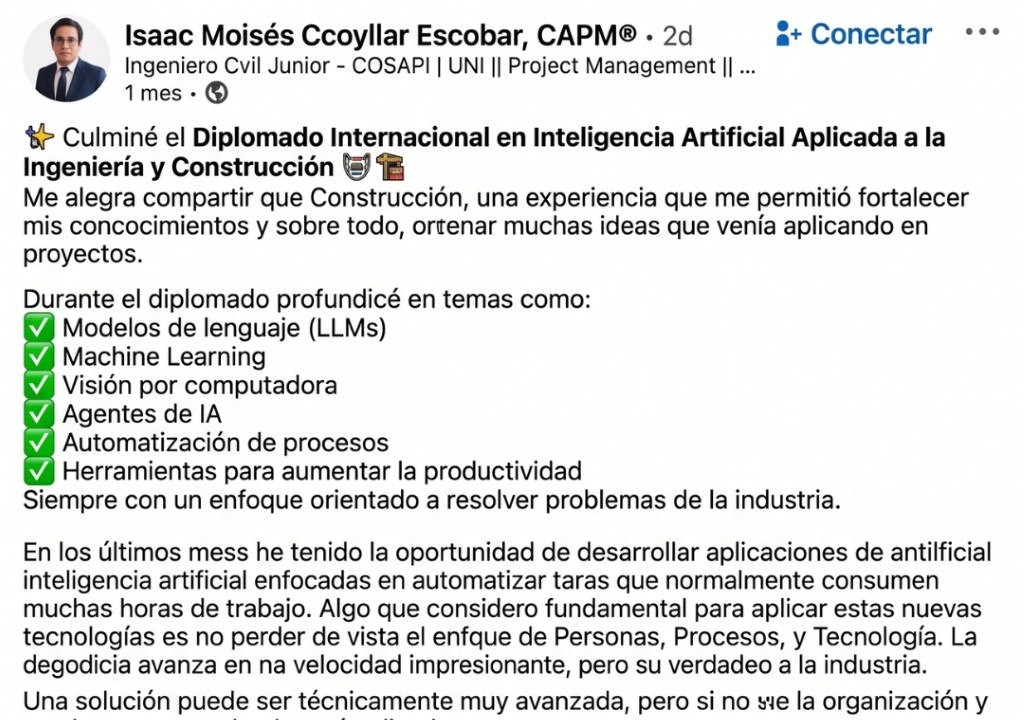 Publicación de LinkedIn de Isaac Ccoyllar sobre el diplomado de IA