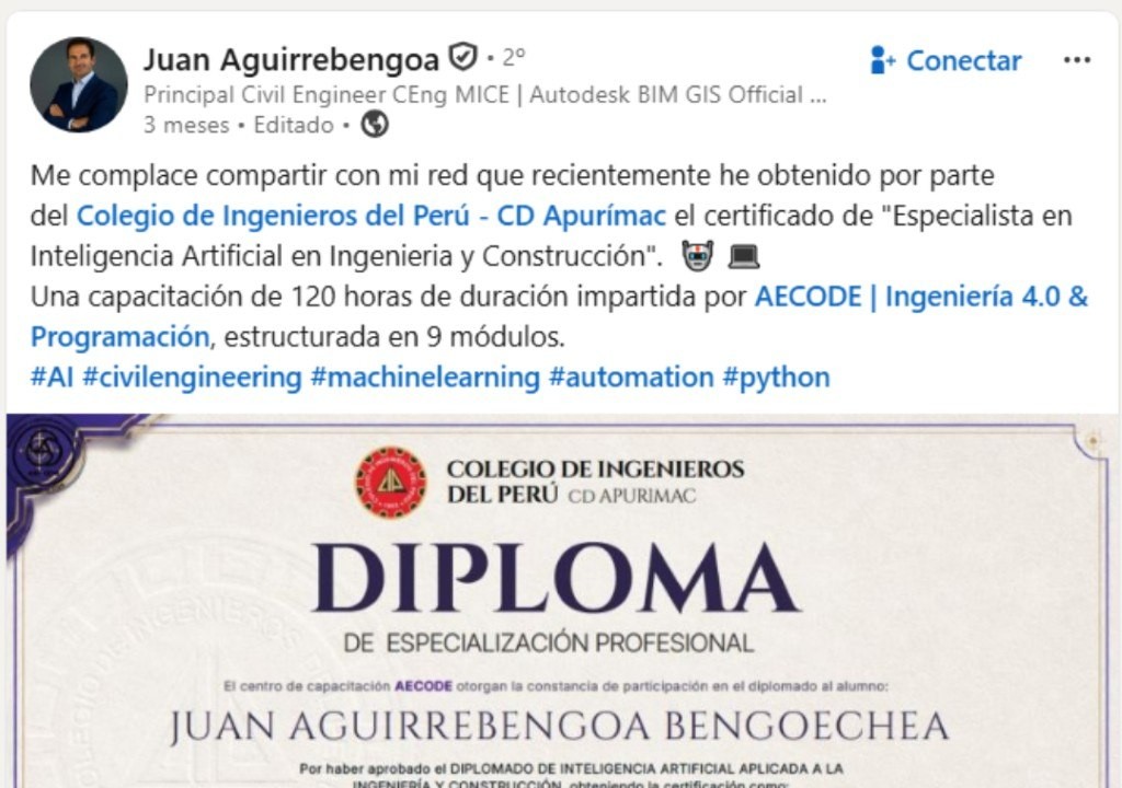 Publicación de LinkedIn de Juan Aguirrebengoa sobre el diplomado de IA
